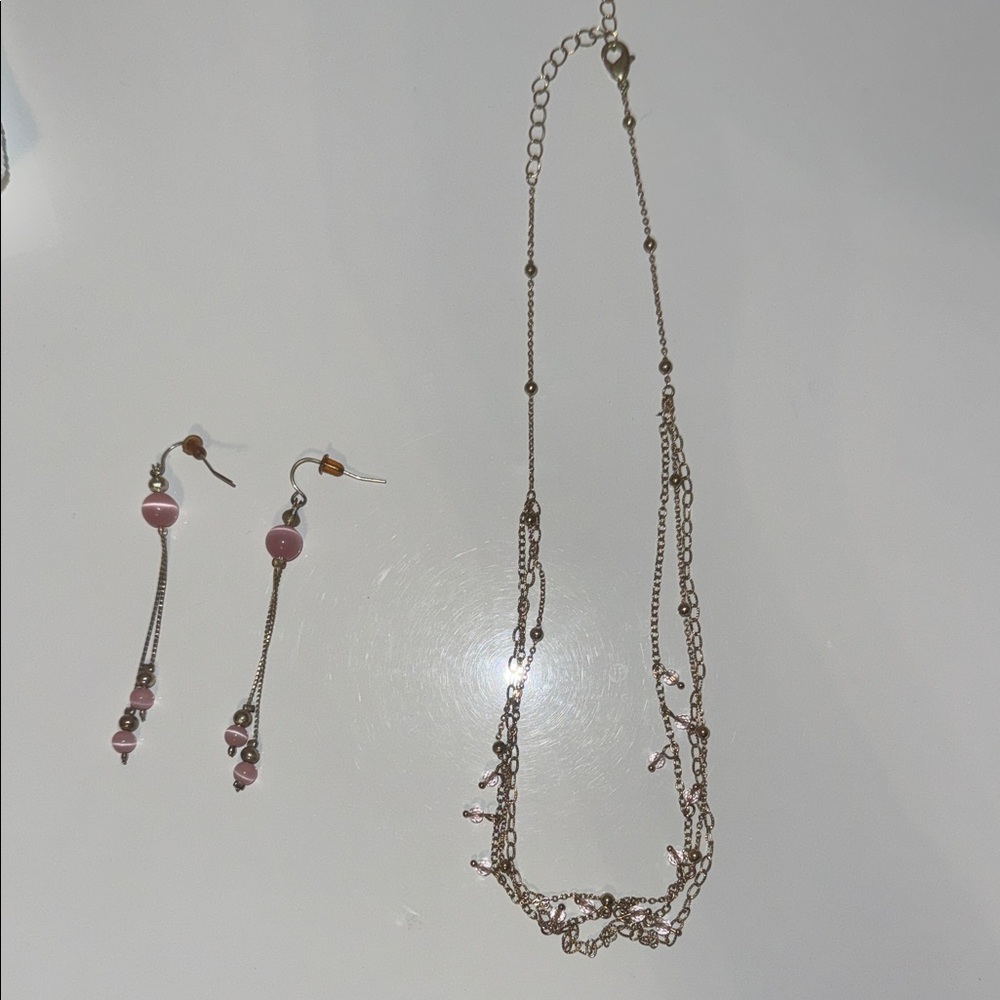 Elegant Pink Beaded Necklace and Earring Set